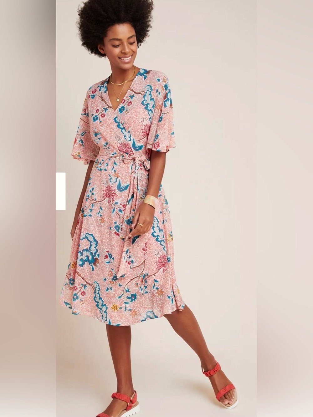 Anthropologie Maeve Adelaide Coral-Pink Floral Wrap Midi Dress with Teal Accents